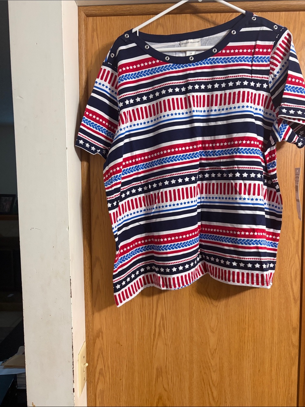 Alfred Dunner Red Navy White Striped Star Short Sleeve Top